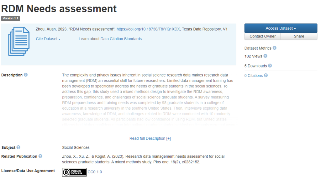 Screenshot of a landing page in the Dataverse repository that showcases the DOI.