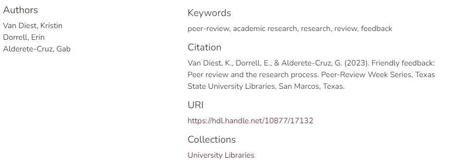 Snapshot of institutional repository landing page featuring an article's persistent URI.