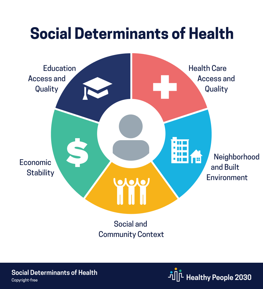 Infographic showing Social Determinants of Health, with textual labels