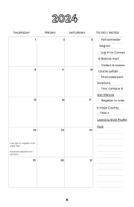 Right page of August monthly Calander dates Thursday August 1st to Saturday August 31st.